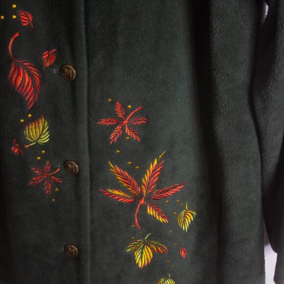 Bob Mackie Wearable Art Jacket Women's Large Green Fleece Fall‎ Autumn Leaves - Picture 5 of 6